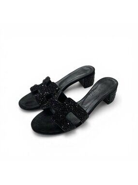 Hermes Oasis Sandals Shoes Leather Suede Black Rhinestone Mules